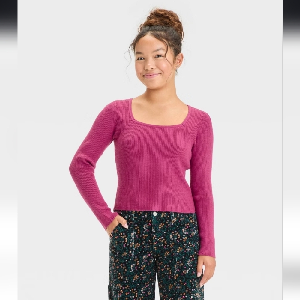 Girls' Ribbed Square Neck Sweater - art class Berry Red S(6/7)